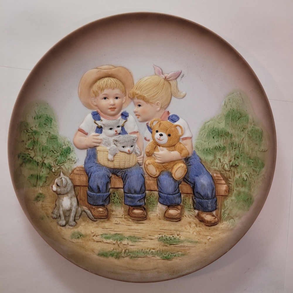 Homco Denim Days Collector Plate Children‎ Kittens Teddy Bear 3D Relief 1505